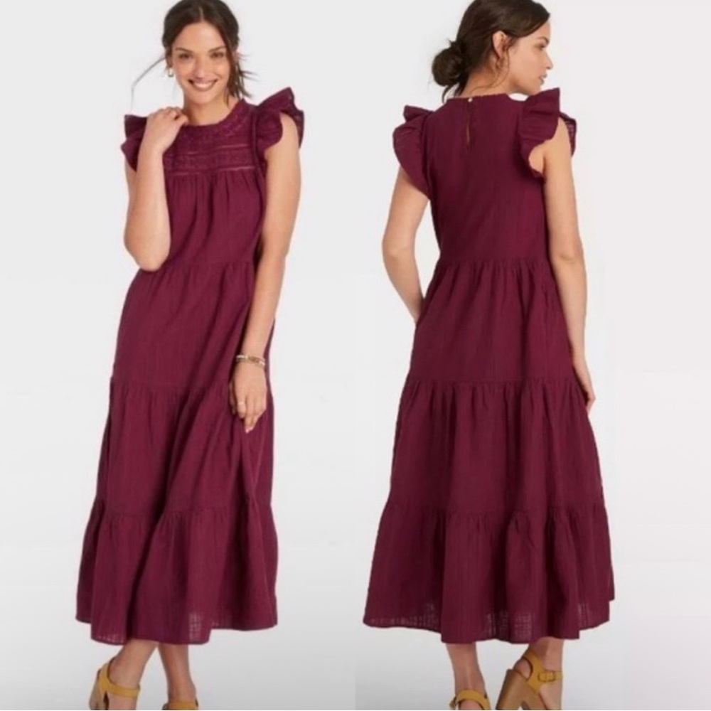 Elegant Plum Ruffle Sleeve Maxi Dress
